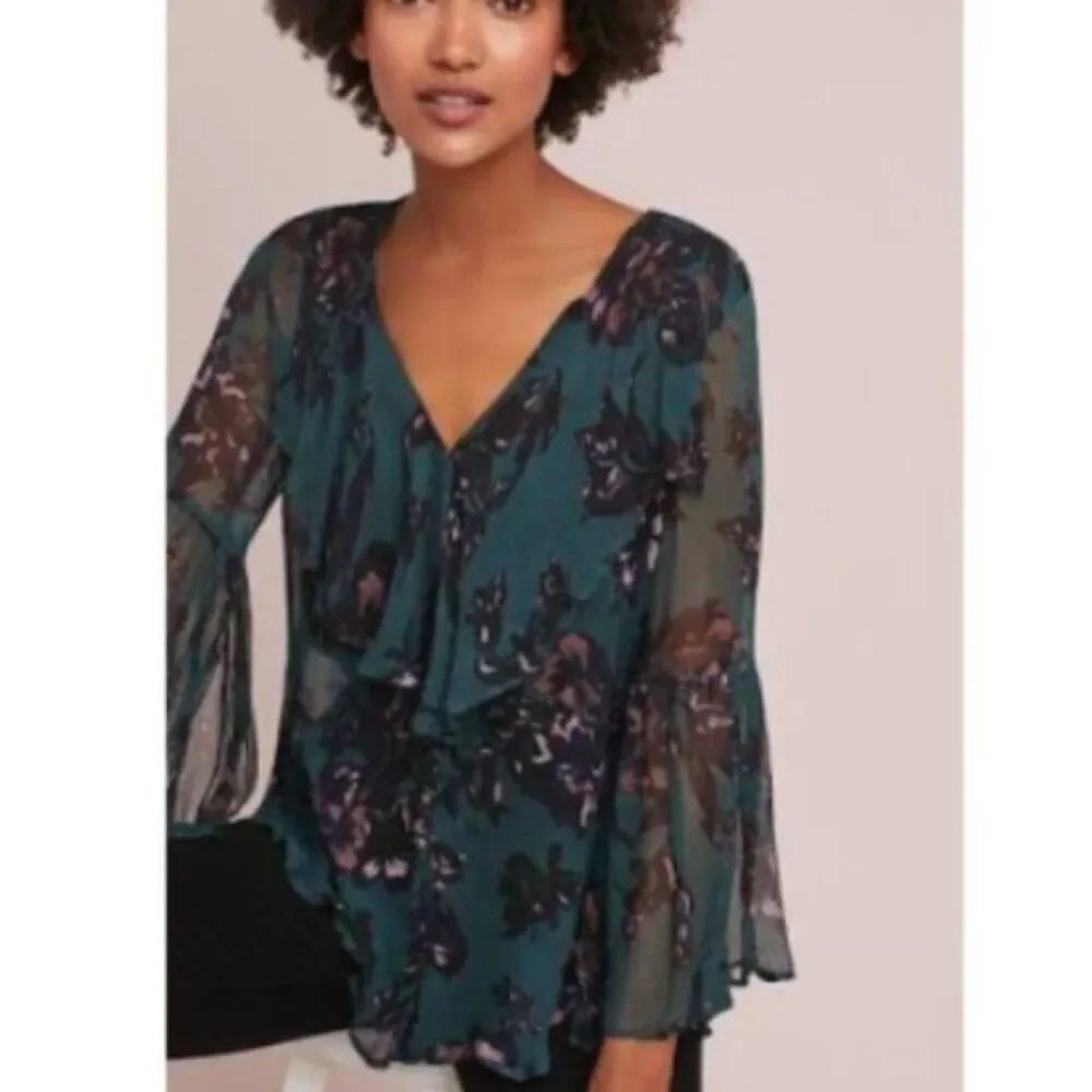 Like New! Anthropologie Feather Bone Sheer Floral Blouse in Size S